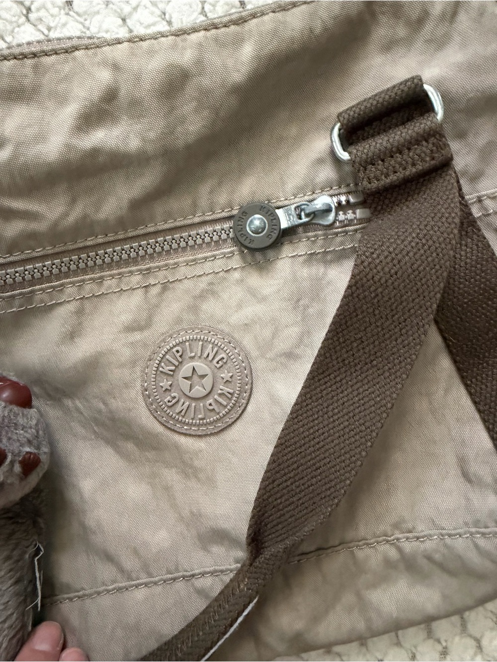 Kipling Beige Nylon Crossbody with Dark Brown Strap